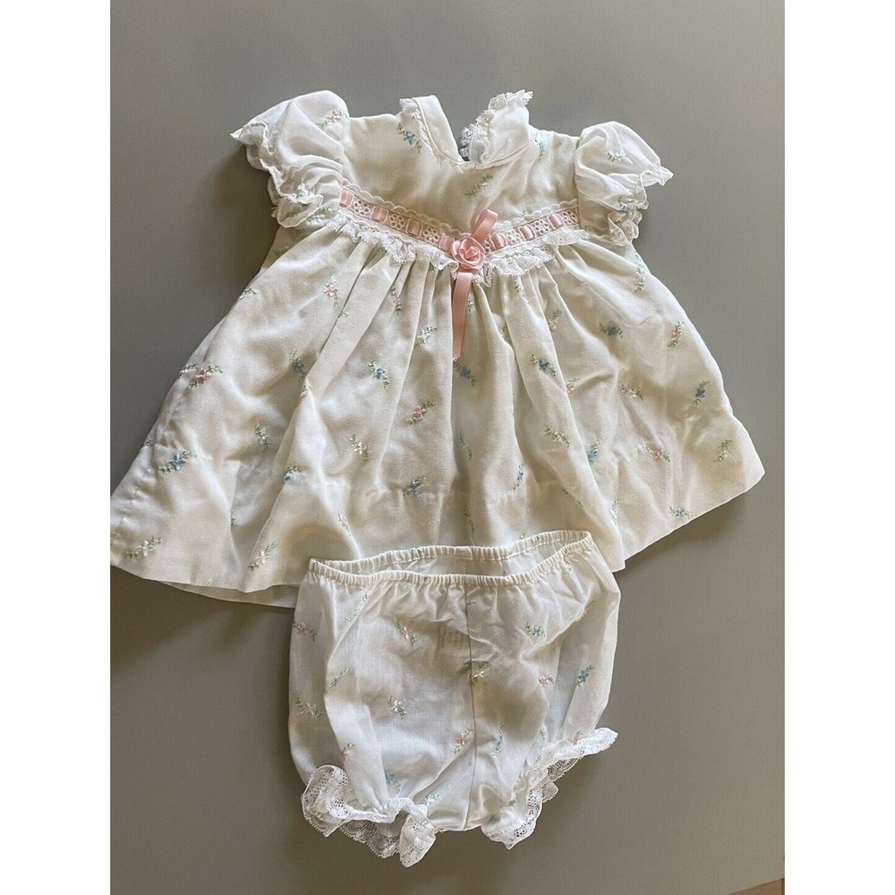 Vintage C.I. Castro White With Flower Baby Girl Dress And Diaper Cover 6 Months